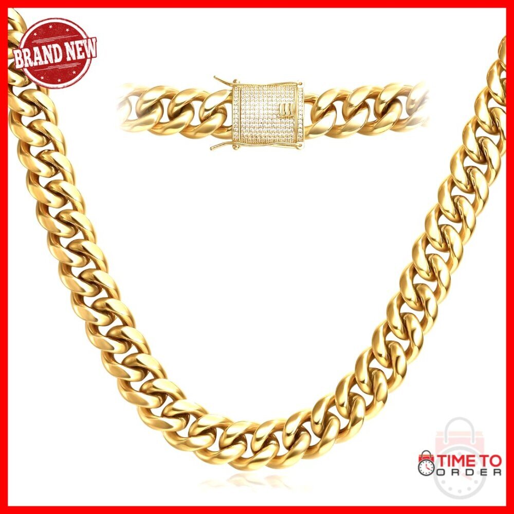 14K Gold Plated Cuban Link Chain Necklace with Diamond Clasp 8mm-16mm